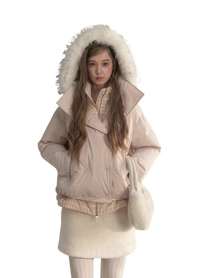 Double-Breasted Plaid Faux-Layered Paperbag Down Parka