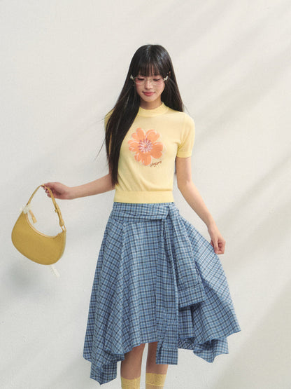 Blue Checkered Irregular Tie-Waist Skirt