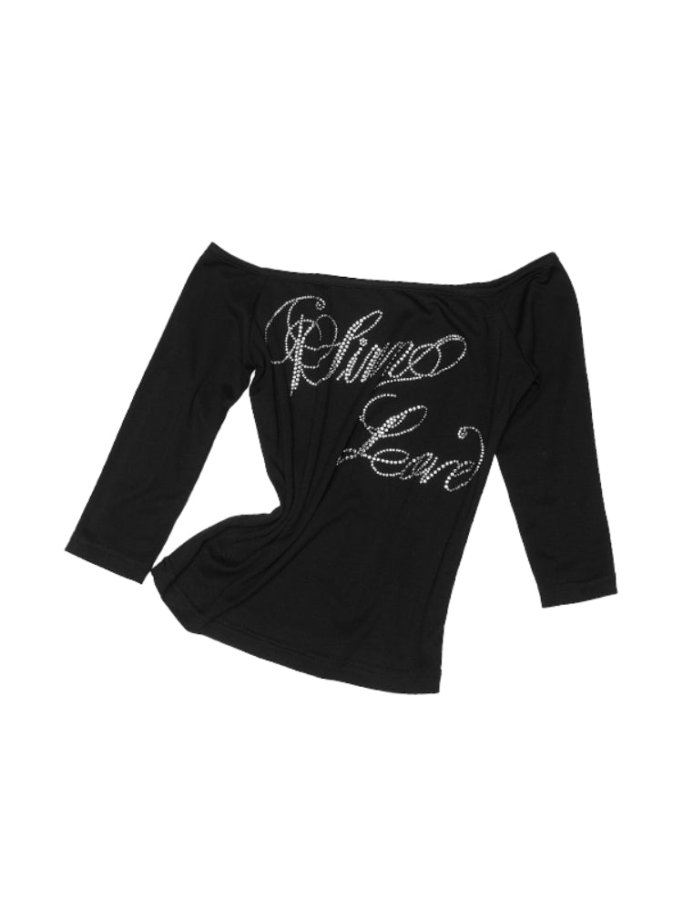 One-Shoulder Rhinestone Acetate Slim T-shirt