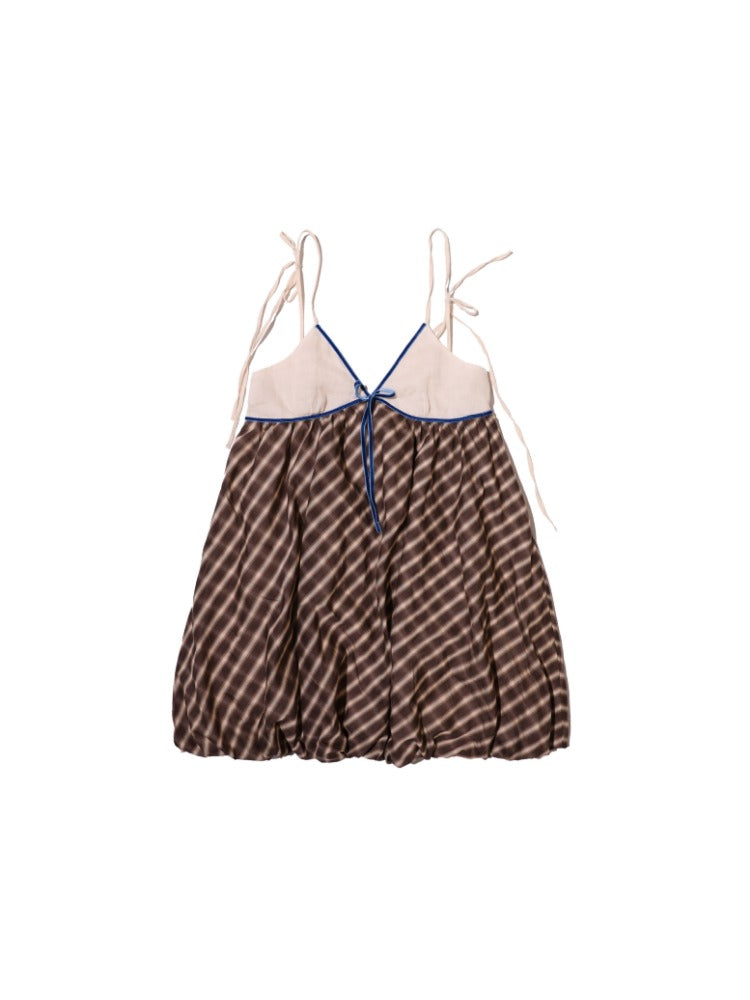 Brown Checkered Velvet Strap Dress Shirt &amp; Cardigan Set