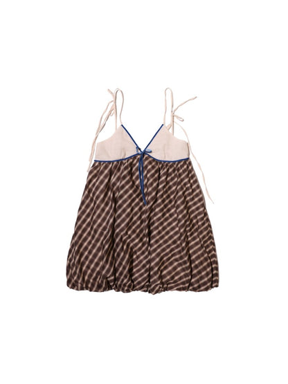 Brown Checkered Velvet Strap Dress Shirt &amp; Cardigan Set