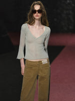 Semi-Sheer V-Neck Bell Sleeve Sweater