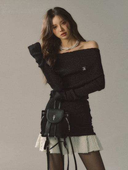 Khaki &amp; Black Off-shoulder Knitted Mini Dress
