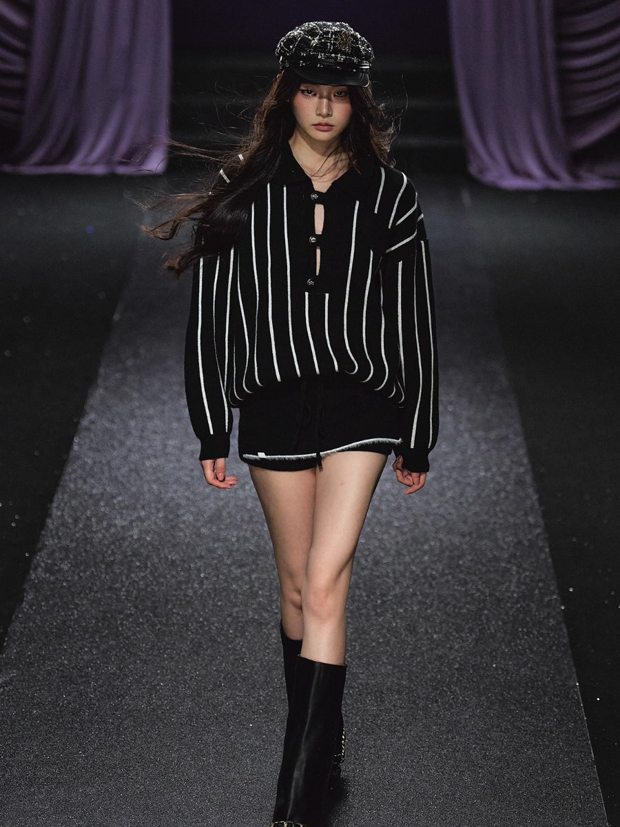 Striped Knit Polo T-Shirt &amp; Contrast Trim Skort Set