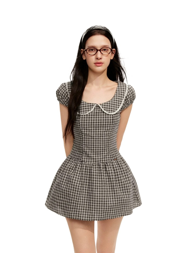 Plaid Pan Collar Puff-Sleeve Dress