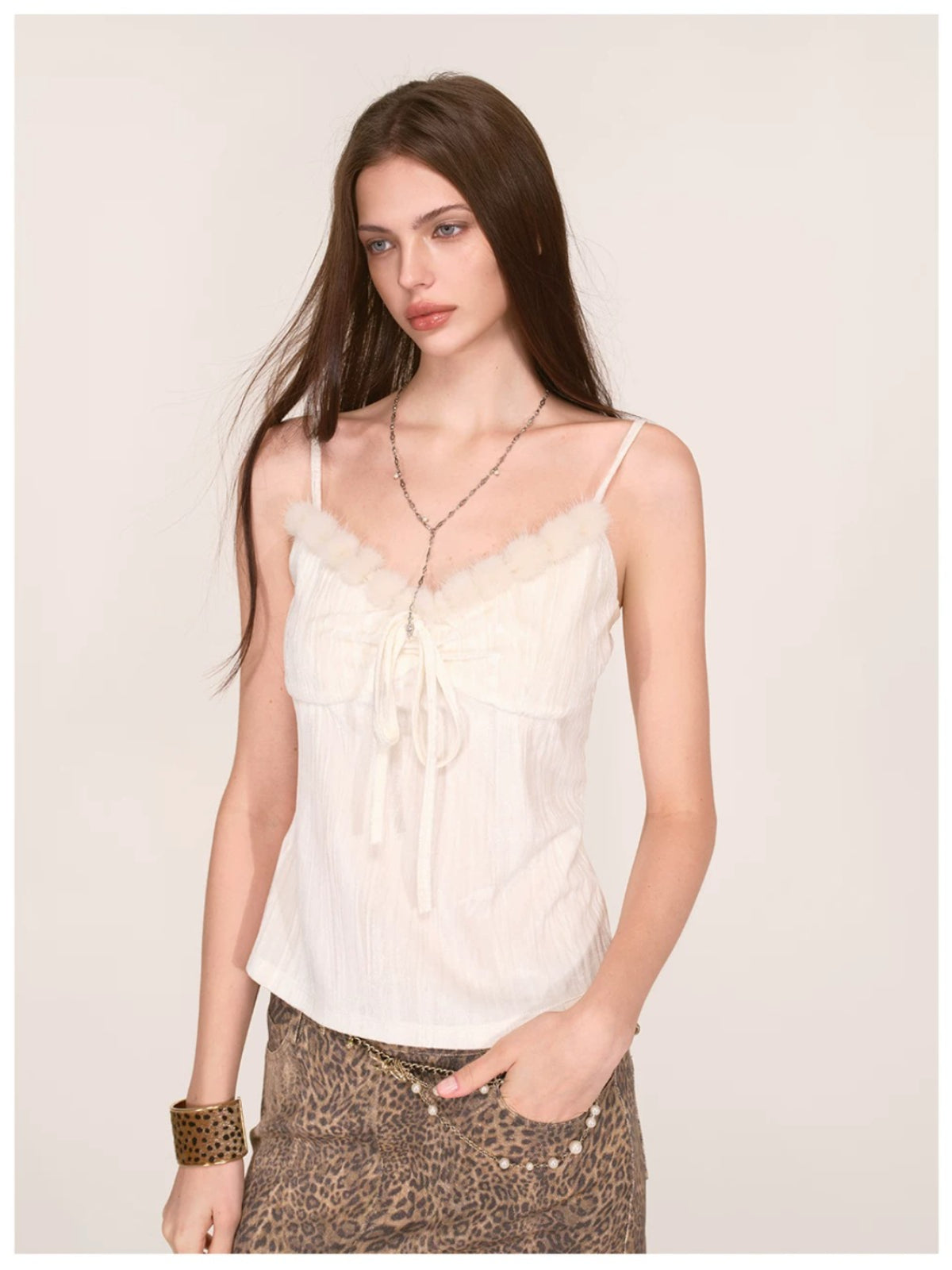 Velvet Fur-Trimmed Tie Front Camisole