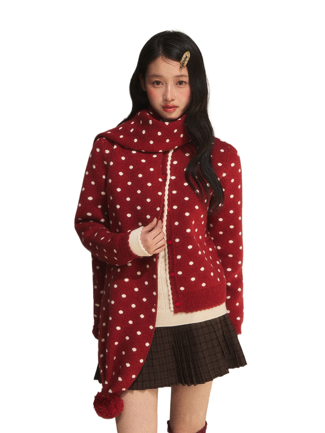 Red Contrast Polka Dot Knit Cardigan
