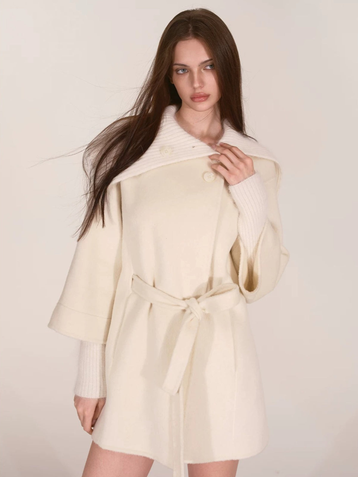 Asymmetric Collar Belted Wool Coat