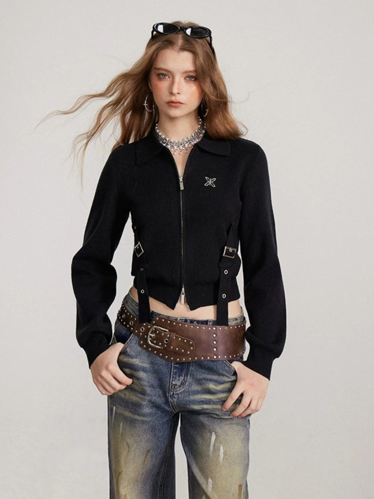 Ribbon Zip Collar Knit Cardigan