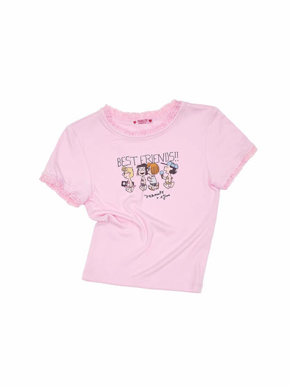 Snoopy Lace Trim Printed T-shirt