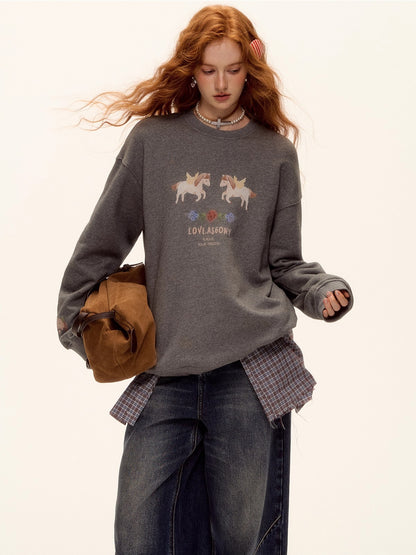 Floral Pony Print Fleece-Lined Pullover Sweatshirt