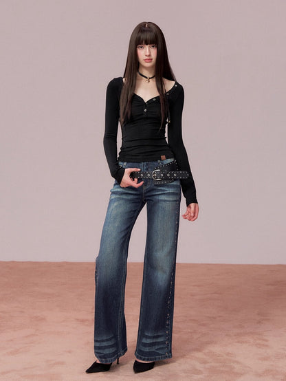 Studded Wash Straight-Leg Jeans