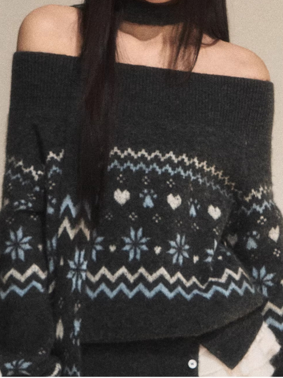 Gray Fair Isle Off-Shoulder Knit Sweater