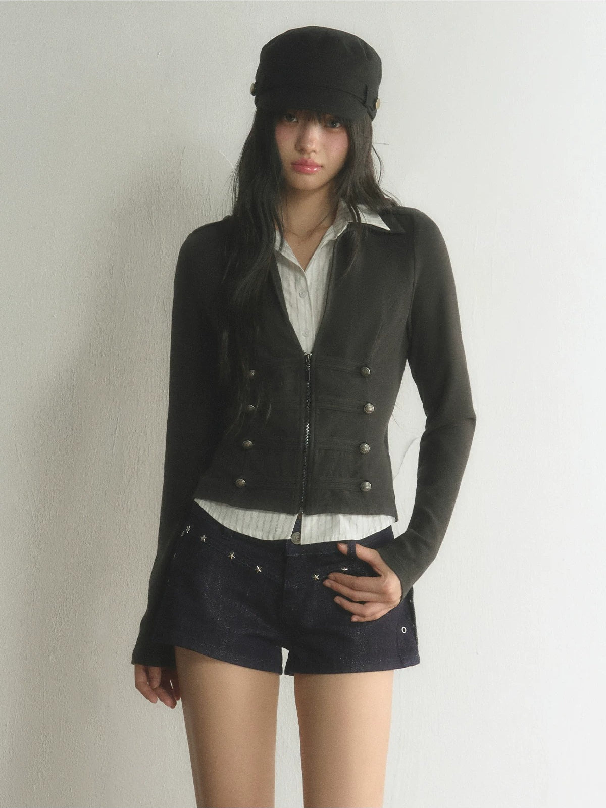Vintage Double-Breasted Layered Cropped Jacket