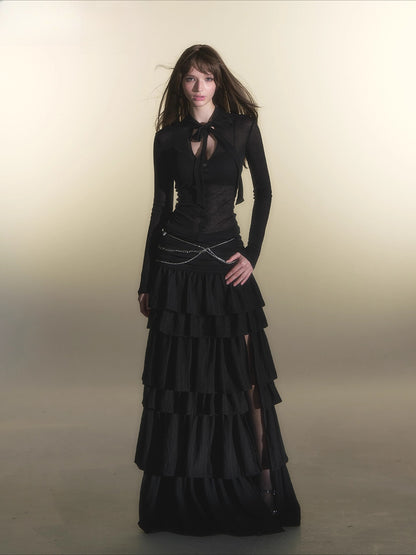 Black V-neck Tencel Wool Long Sleeve Tee