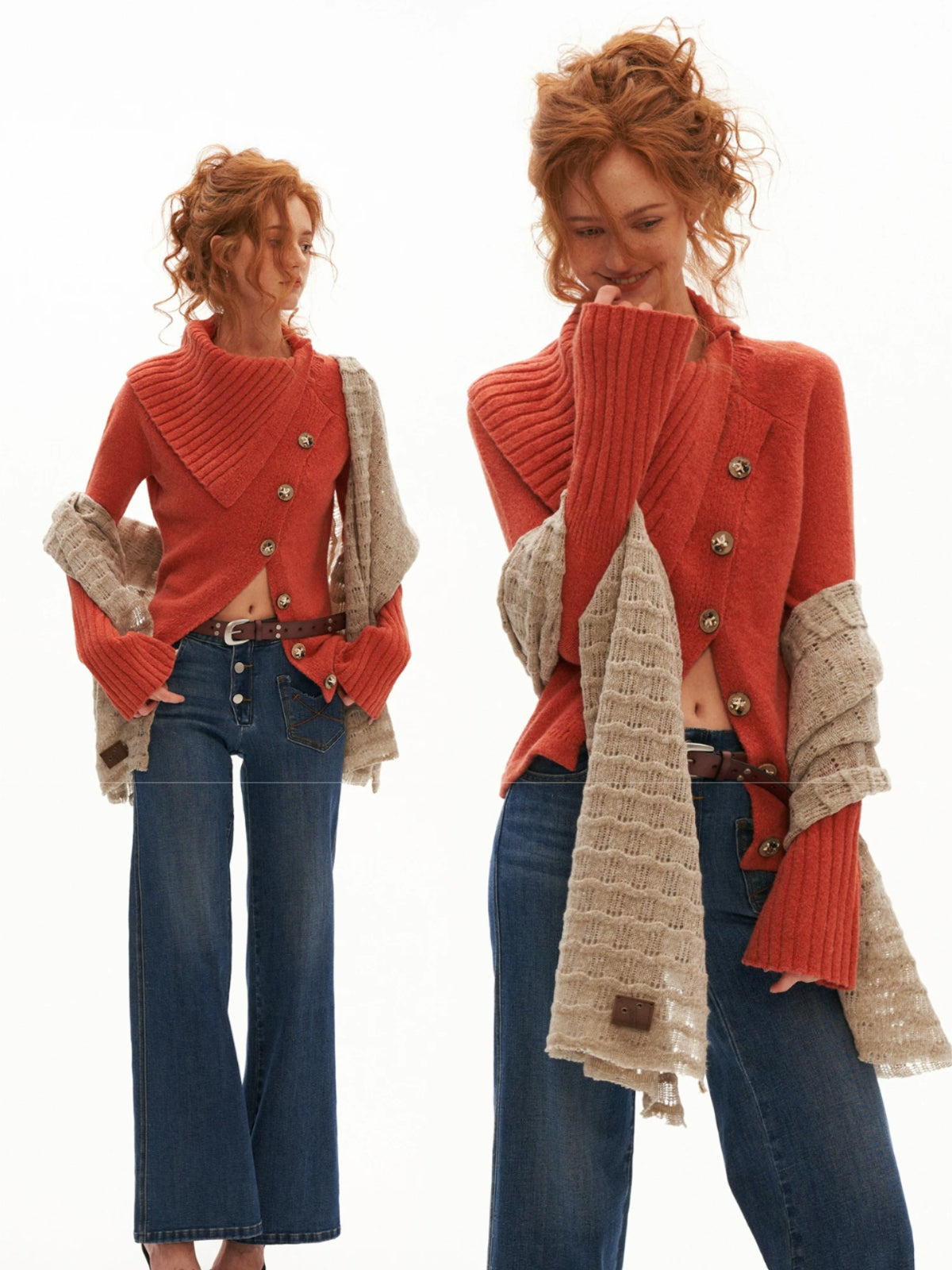 Asymmetrical High Neck Fitted Knit Cardigan
