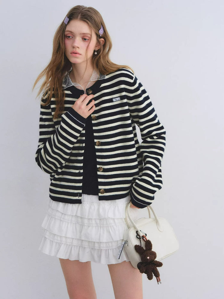 Wool Blend Striped Crewneck Knit Cardigan