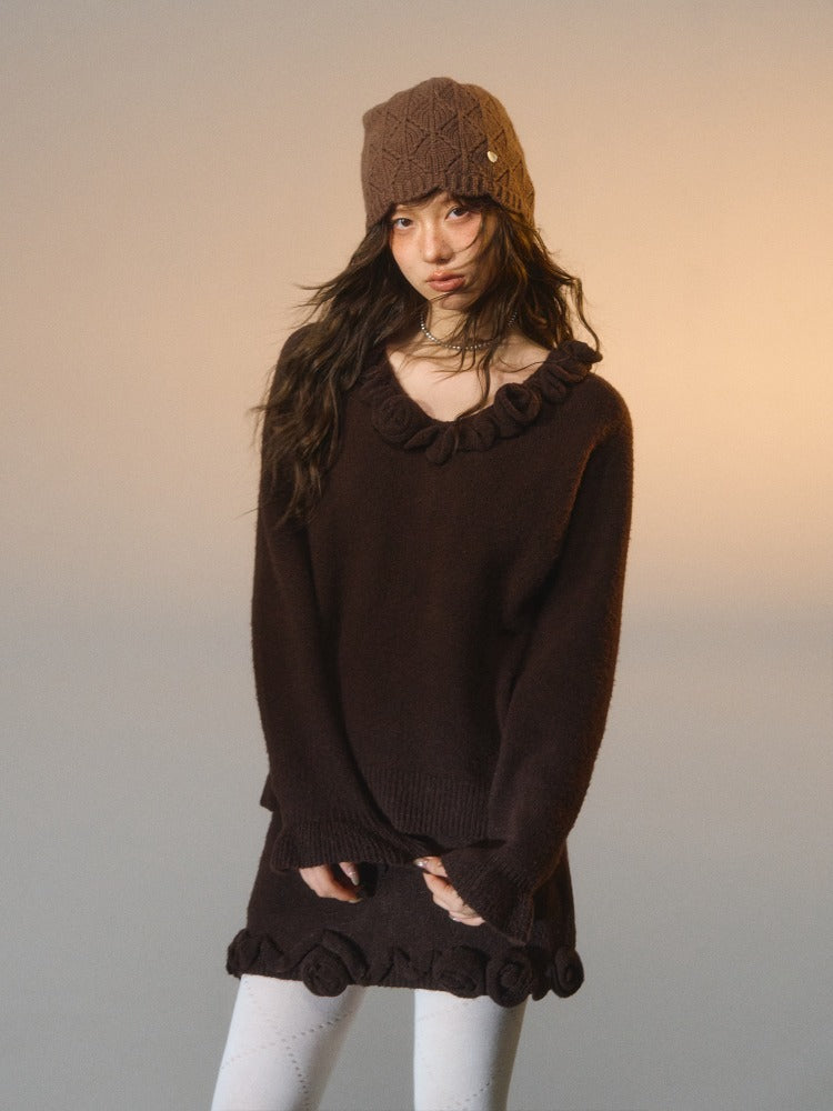 3D Rose V-Neck Knit Set