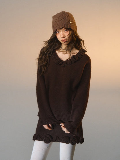 3D Rose V-Neck Knit Set