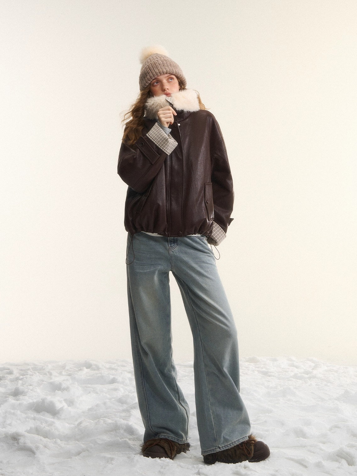 Plaid Faux Fur Collar Down Jacket