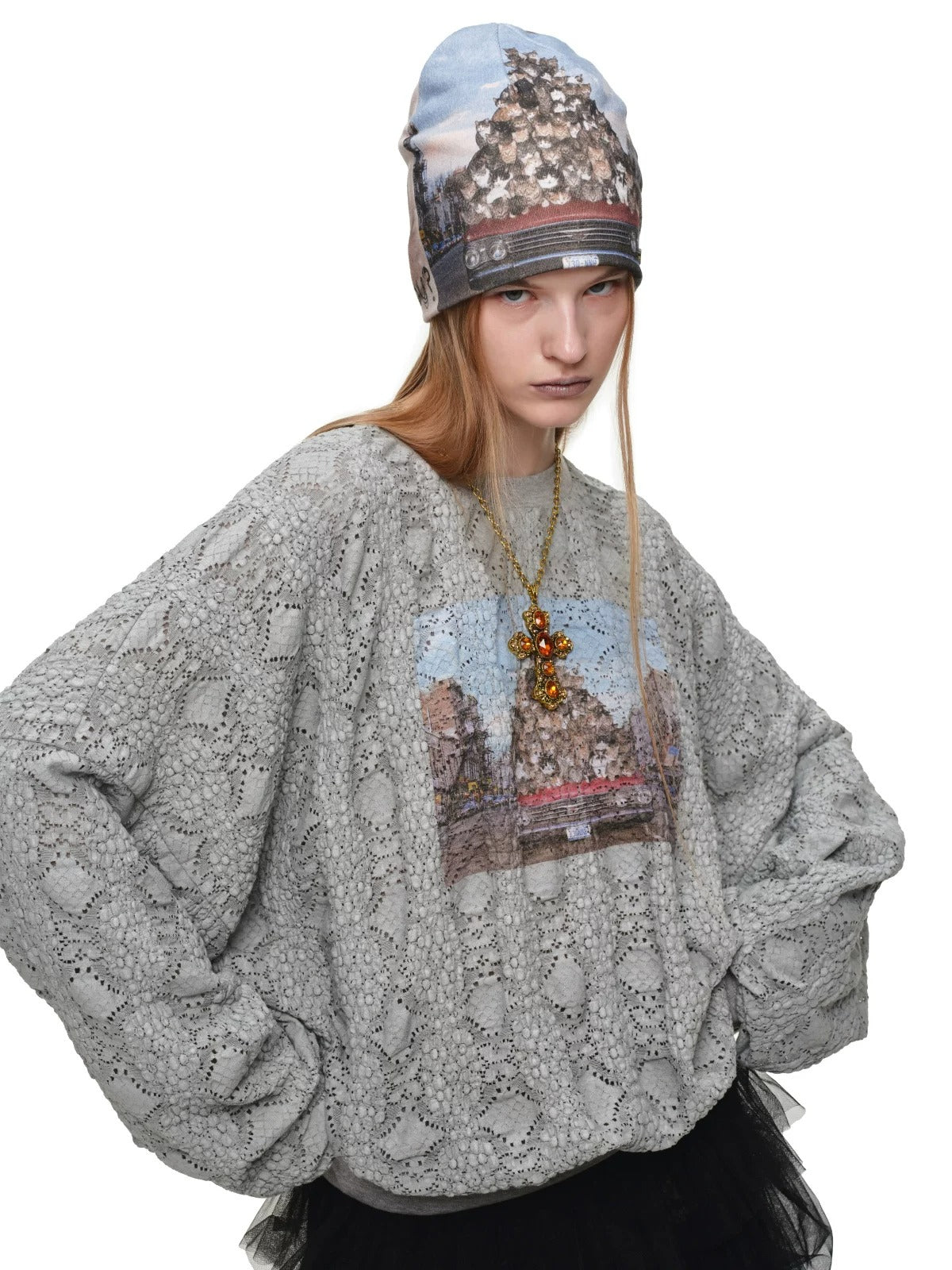 Reversible Cat Print Slouchy Beanie