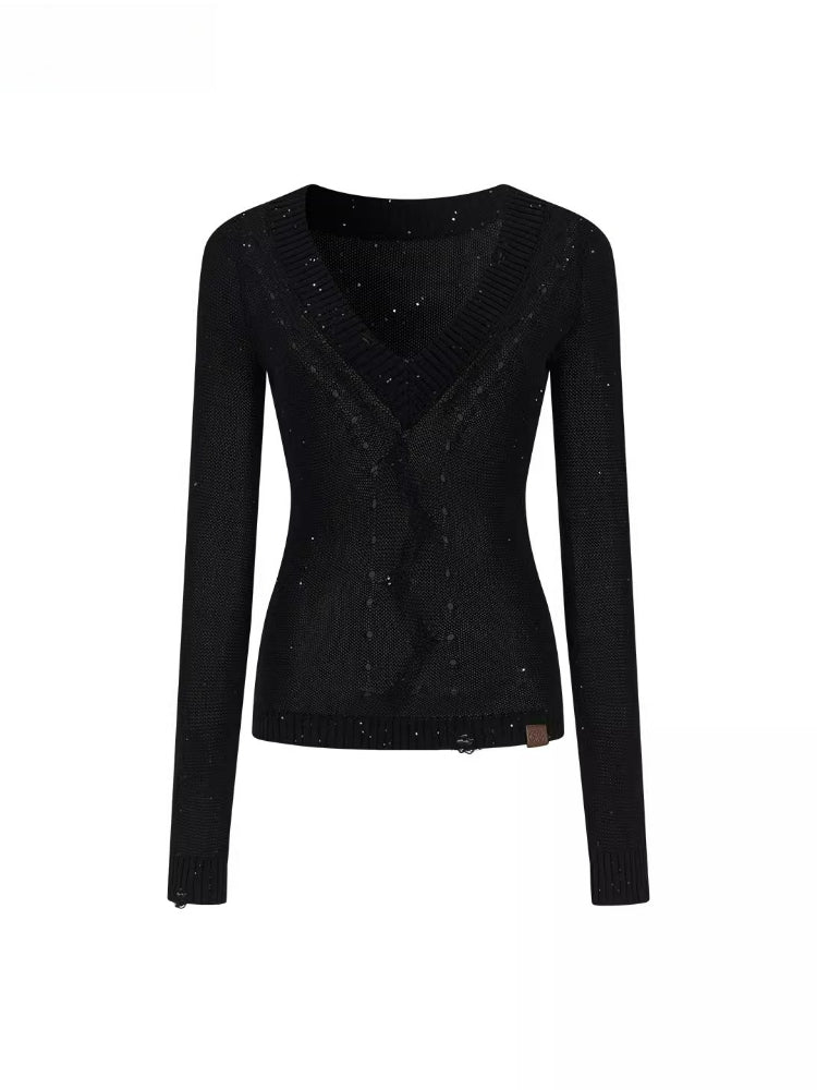 Shimmer Yarn Distressed V-Neck Knit Top