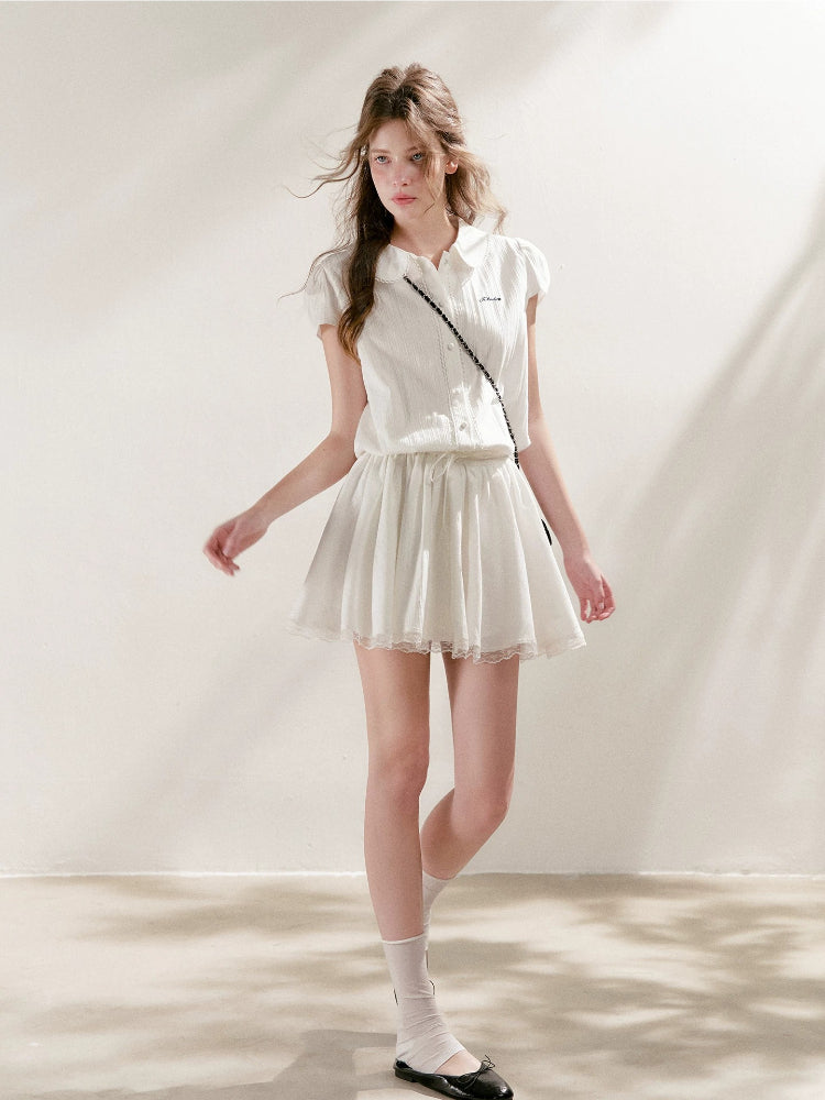 Lace-Paneled Collared Shirt Dress