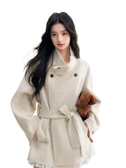 White Stand Collar Wool Coat