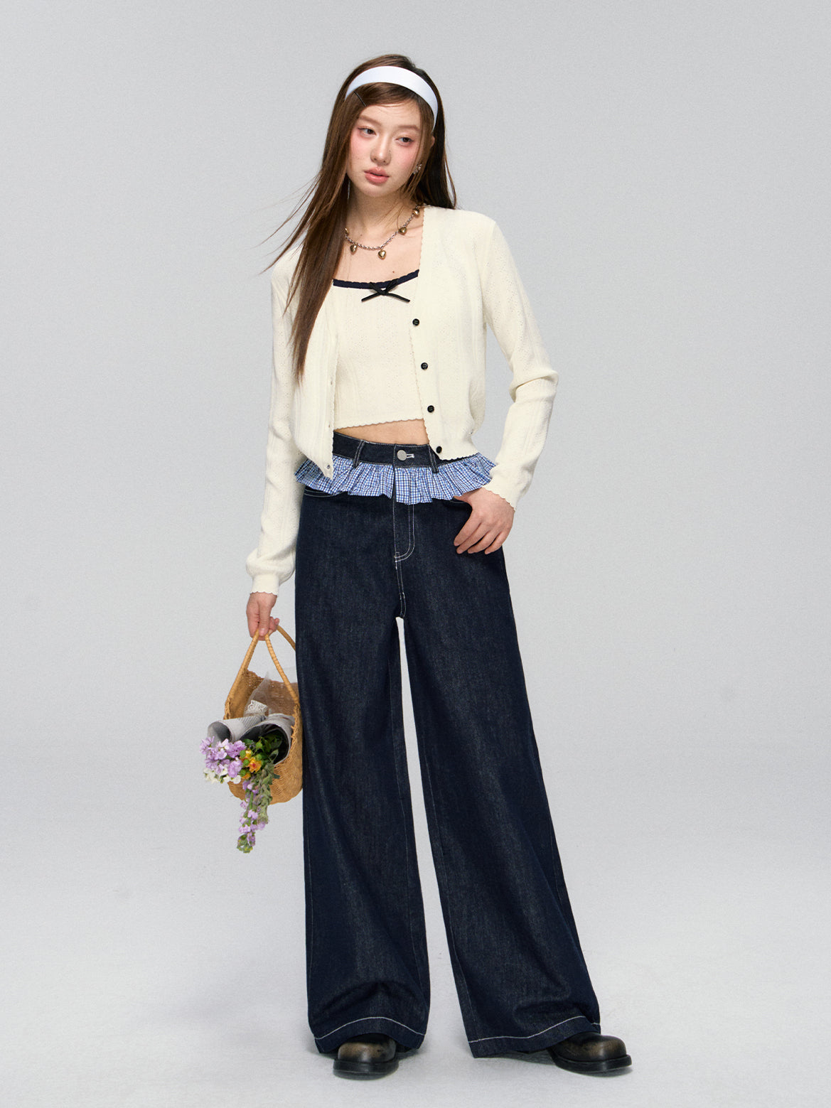 Ruffled Plaid Patchwork Straight Jeans