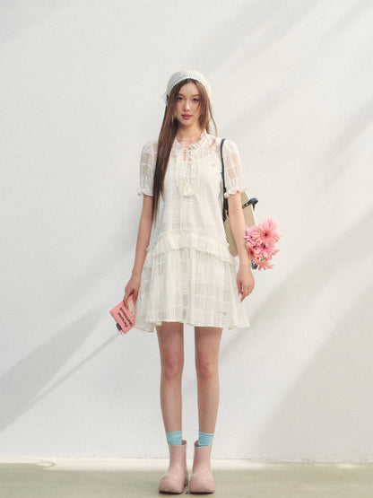 Checkered Hollow-Out Ruffled Dress Set