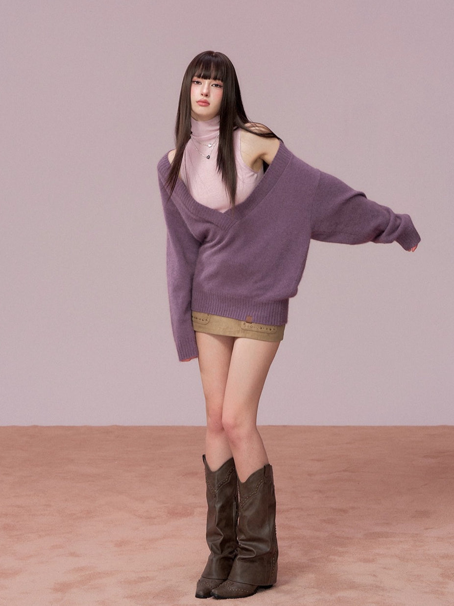 V-Neck Ribbed Knit Sweater