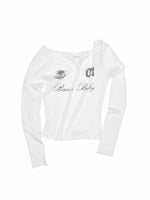 Off-Shoulder Badge Print Long Sleeve T-shirt