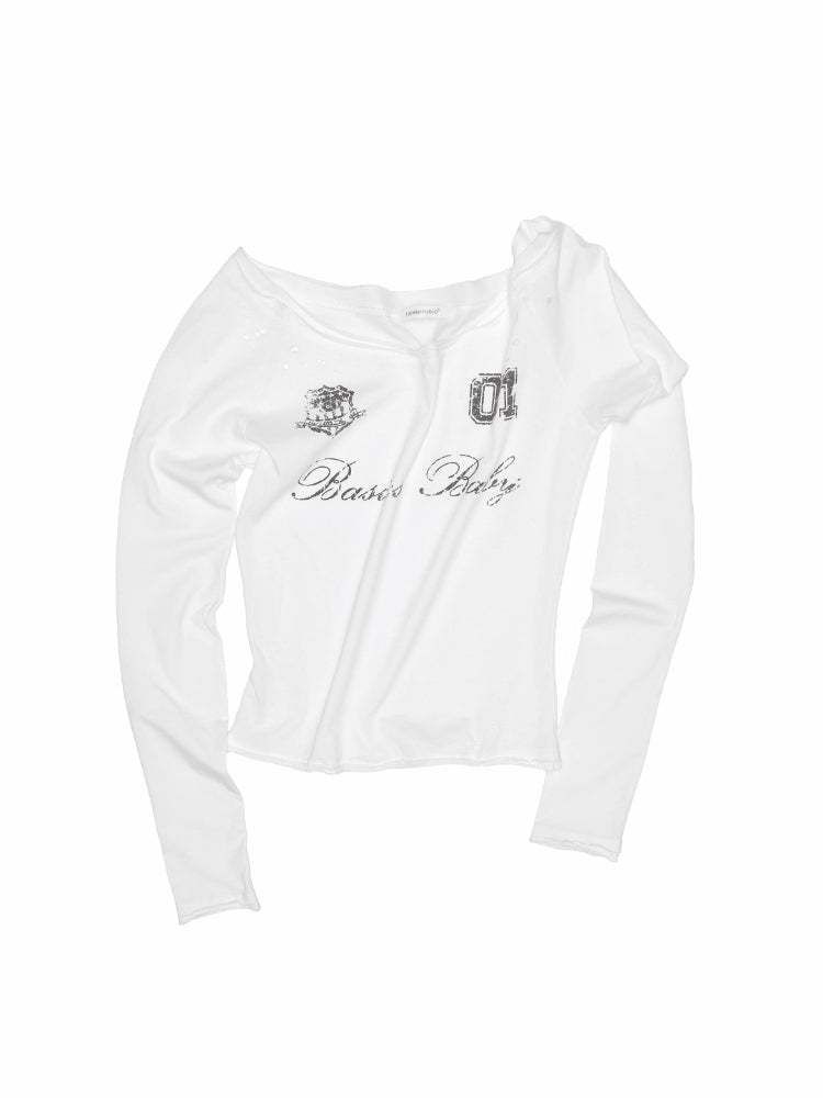 Off-Shoulder Badge Print Long Sleeve T-shirt