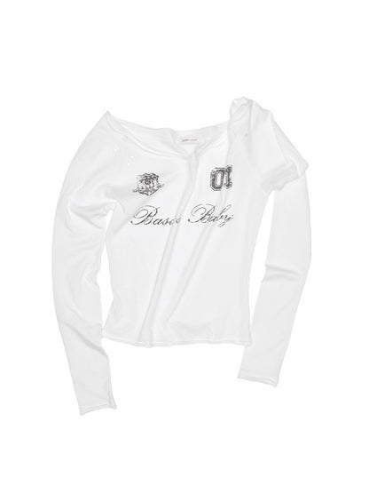 Off-Shoulder Badge Print Long Sleeve T-shirt