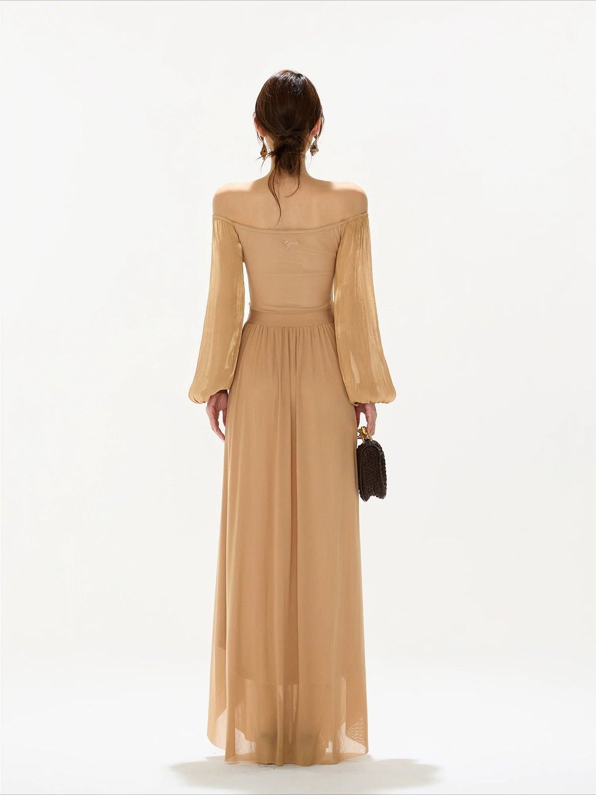 Brown Off Shoulder Butterfly Knot Maxi Dress