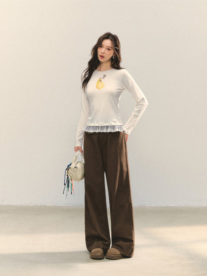 Cross-Stitch Floral Wide-Leg Pants