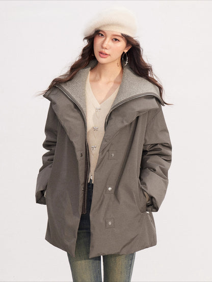 Belted Contrast-Knit Collar Down Coat