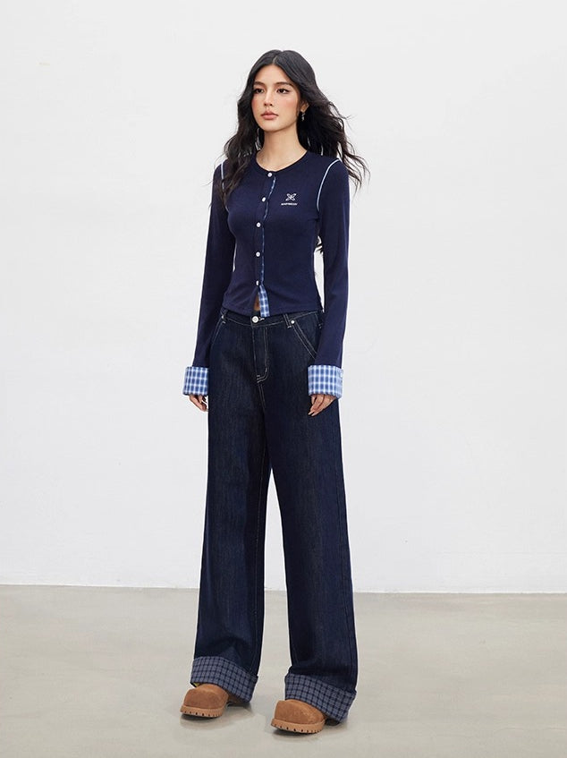 Navy Plaid Embroidered Knit Top