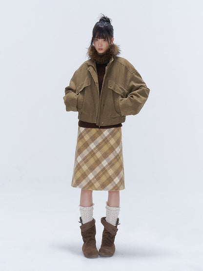 Yellow Plaid Wool-Blend A-Line Skirt