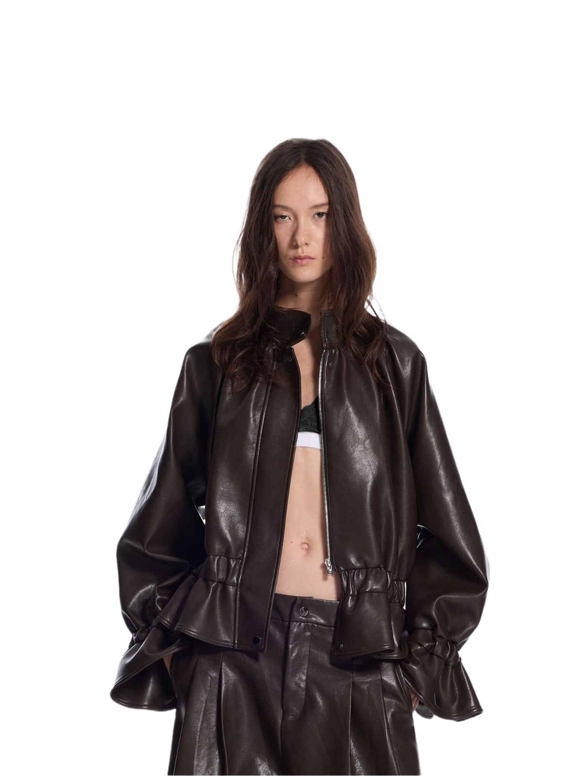 Stand Collar Cropped Leather Jacket