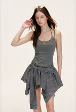 Gray Layered Plaid Halter Dress
