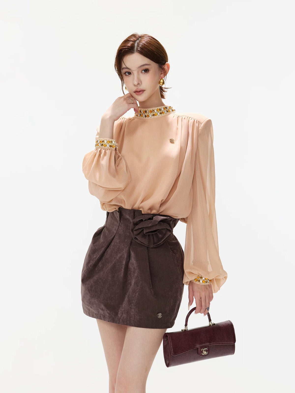 Pearl Chiffon Lantern Sleeve Blouse