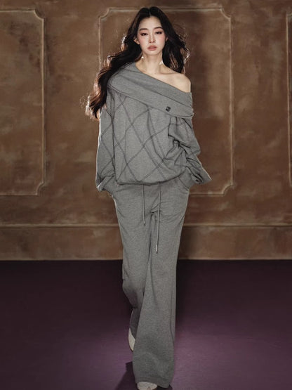 Asymmetric Off-Shoulder Sweatshirt Set
