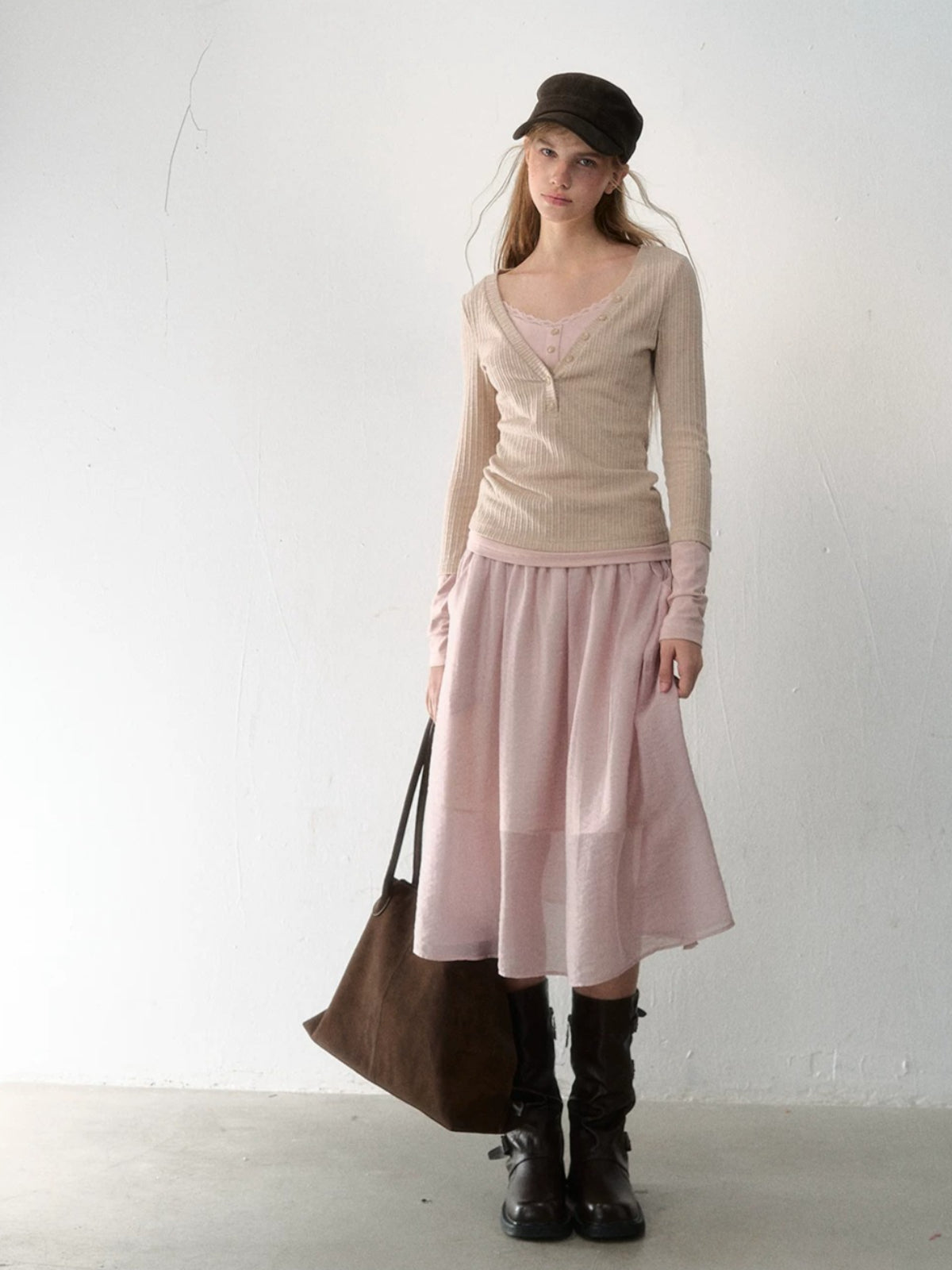 Layered V-Neck Ribbed Knit Top