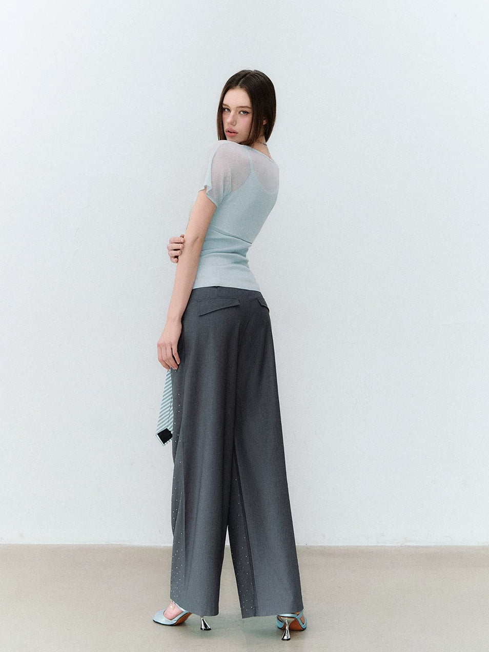 Gray &amp; Khaki Rhinestone Wide-Leg Pants