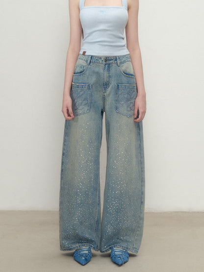 3D Rhinestone Wide-Leg Denim Pants