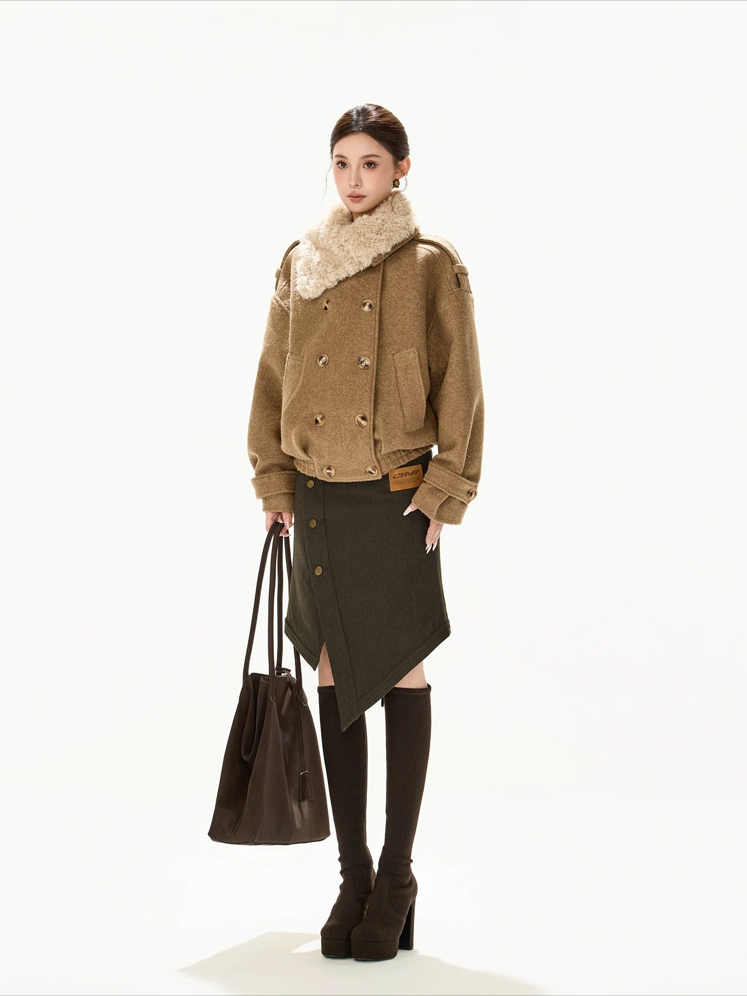 Asymmetric Fur Collar Coat