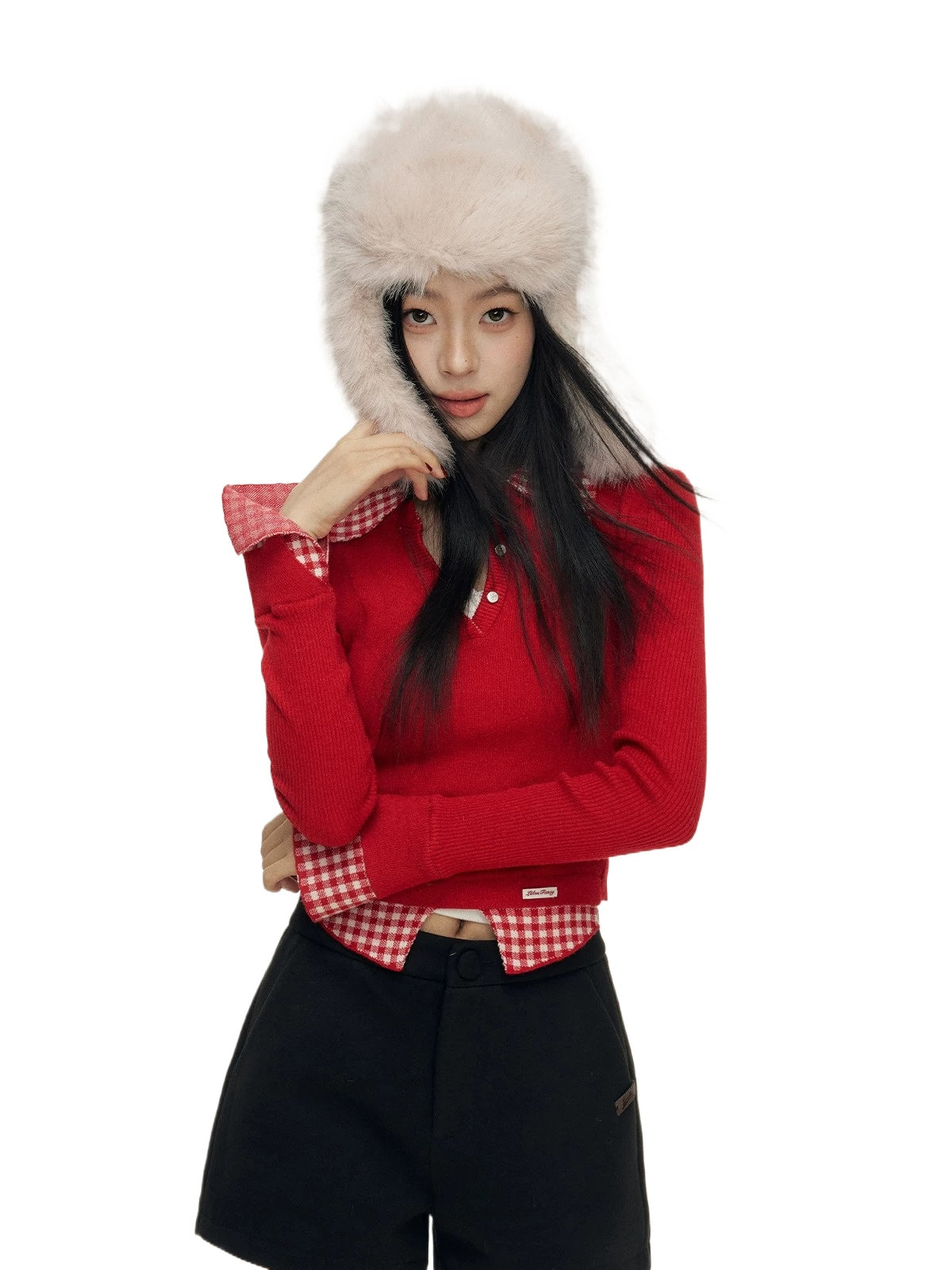 Gingham Layered Polo Knit Top