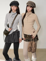 Drape-Neck Slim Knit Top