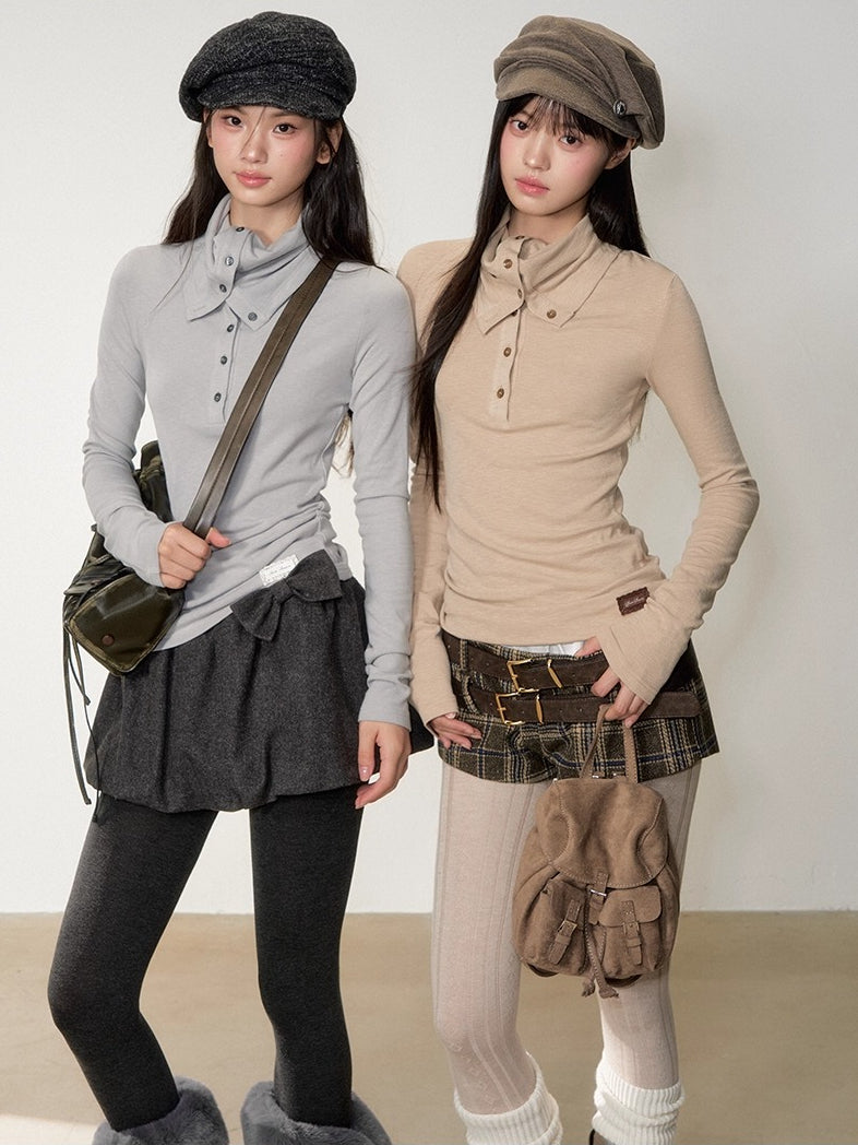 Drape-Neck Slim Knit Top